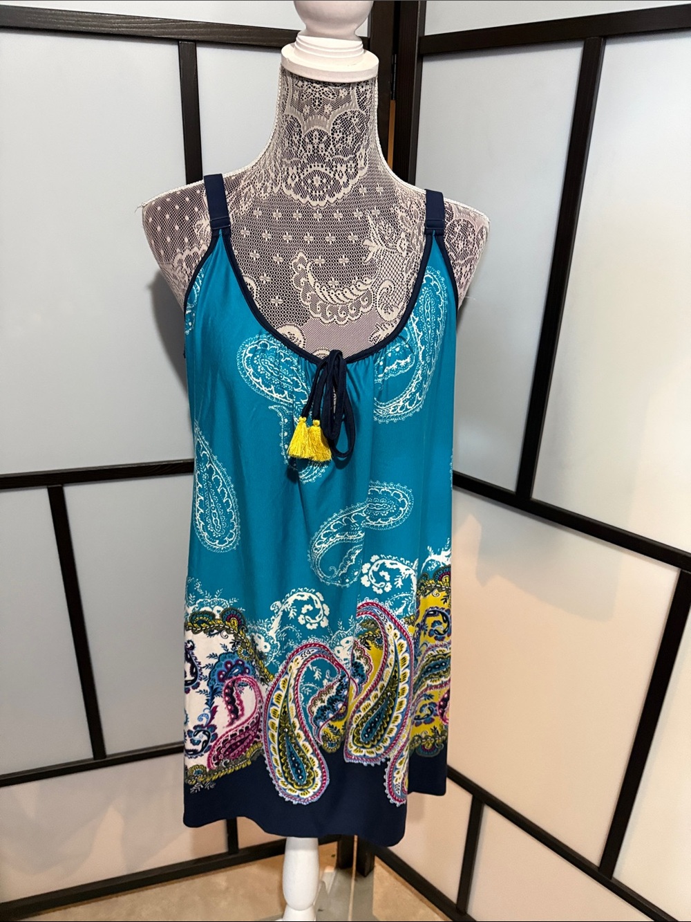 Secret Treasures Teal Paisley Chemise with Navy Trim and Yellow Tassels
